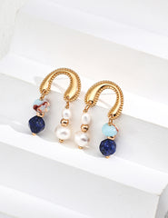 Stone Whisper – Minimalist Pearl, Lapis Earrings