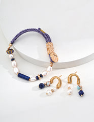 Stone Whisper – Minimalist Pearl, Lapis Earrings