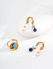 Stone Whisper – Minimalist Pearl, Lapis Earrings