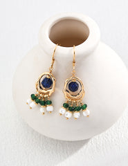 Vintage Gold Sterling Silver Earrings with Lapis Lazuli, Green Gemstone & Shell