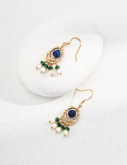 Vintage Gold Sterling Silver Earrings with Lapis Lazuli, Green Gemstone & Shell