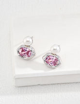 Sterling Silver Pearl & Pink Zircon Earrings – Vintage Gold / Platinum Finish
