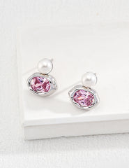 Sterling Silver Pearl & Pink Zircon Earrings – Vintage Gold / Platinum Finish