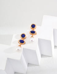 Sterling Silver Lapis Lazuli & Pearl Earrings – Vintage Gold Finish