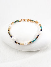 Vintage S925 Silver Bracelet with Natural Pearl, Lapis Lazuli & Turquoise