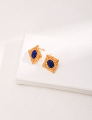 Vintage Court-Style Gemstone Earrings – Sterling Silver with Lapis Lazuli / Red Agate