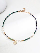 S925 Silver Natural Pearl Necklace with Malachite, Lapis Lazuli & Green Aventurine – Vintage Gold Pendant Design