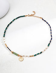 S925 Silver Natural Pearl Necklace with Malachite, Lapis Lazuli & Green Aventurine – Vintage Gold Pendant Design
