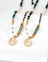 S925 Silver Natural Pearl Necklace with Malachite, Lapis Lazuli & Green Aventurine – Vintage Gold Pendant Design
