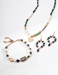 S925 Silver Natural Pearl Necklace with Malachite, Lapis Lazuli & Green Aventurine – Vintage Gold Pendant Design
