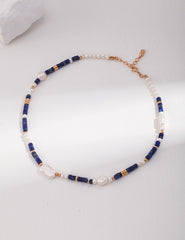 Lapis Lazuli & Pearl Necklace – Adjustable Sterling Silver in Vintage Gold
