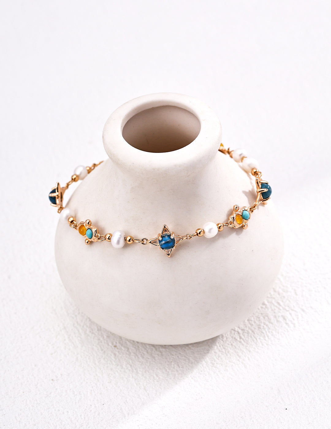 Soft Stones– Natural Pearl, Turquoise & Chalcedony Bracelet in S925 Silver
