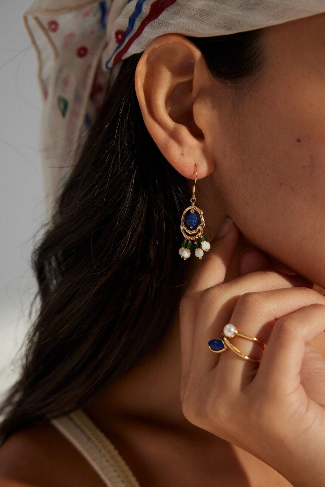 Vintage Gold Sterling Silver Earrings with Lapis Lazuli, Green Gemstone & Shell