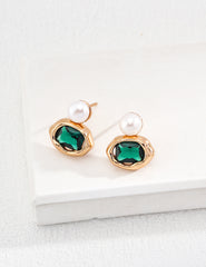 Sterling Silver Pearl & Pink Zircon Earrings – Vintage Gold / Platinum Finish