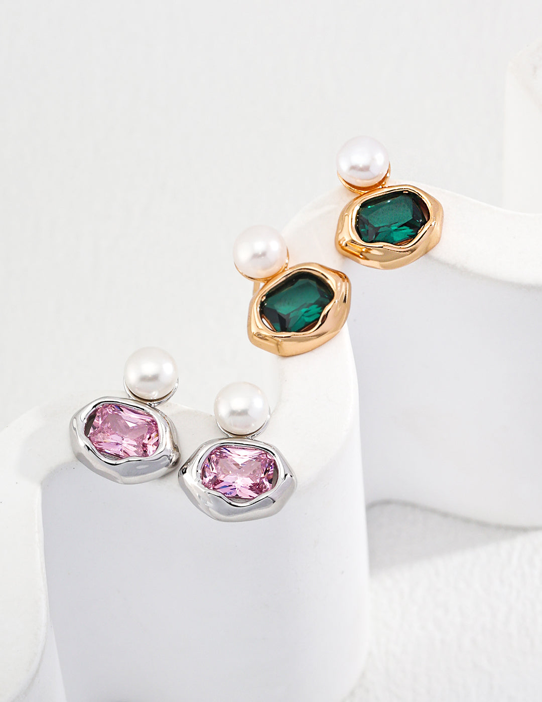 Sterling Silver Pearl & Pink Zircon Earrings – Vintage Gold / Platinum Finish