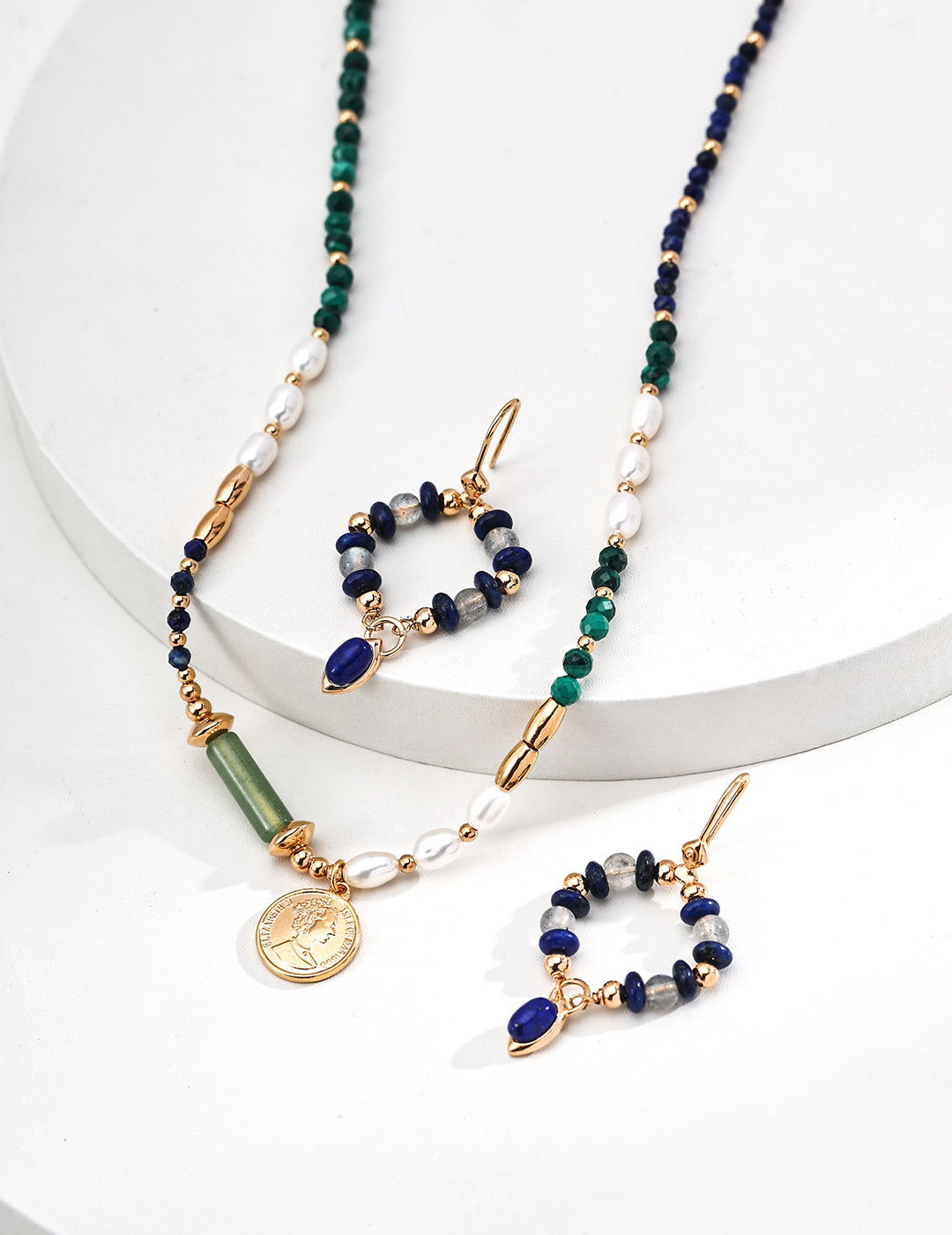 S925 Silver Natural Pearl Necklace with Malachite, Lapis Lazuli & Green Aventurine – Vintage Gold Pendant Design