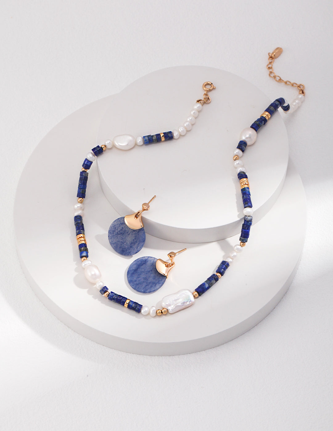 Lapis Lazuli & Pearl Necklace – Adjustable Sterling Silver in Vintage Gold